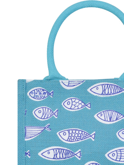 Jute Cottage Fish Print Zipper Lunch Bag 100% Genuine Jute Stylish