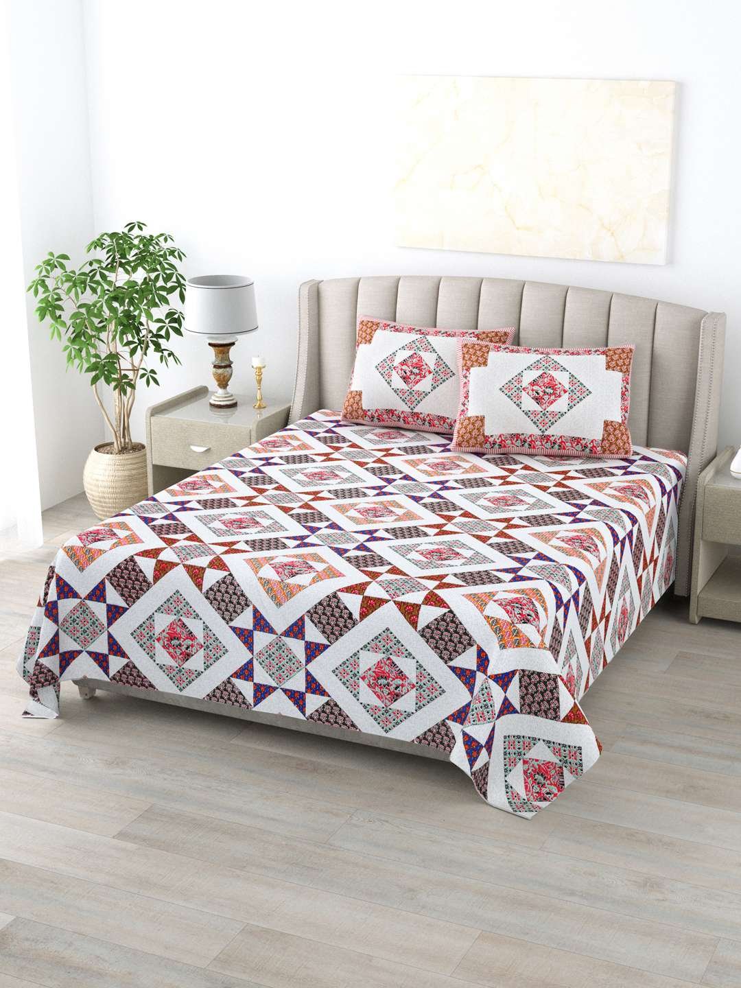 100% Pure Cotton Traditional Printed Bedsheet for Double Bed King Size Bedsheet with 2 Pillow Covers