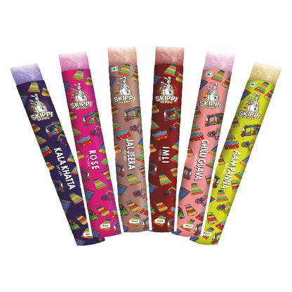 Magic Pin Exclusive All Desi Flavour Box of Skippi Ice Pops, Kala Khatta, Rose, Jaljeera, Imli, Chilli Guava, Aam Panna ( 2 Qty of 6 Indian flavours, 12 Ice pops X 70ml each)