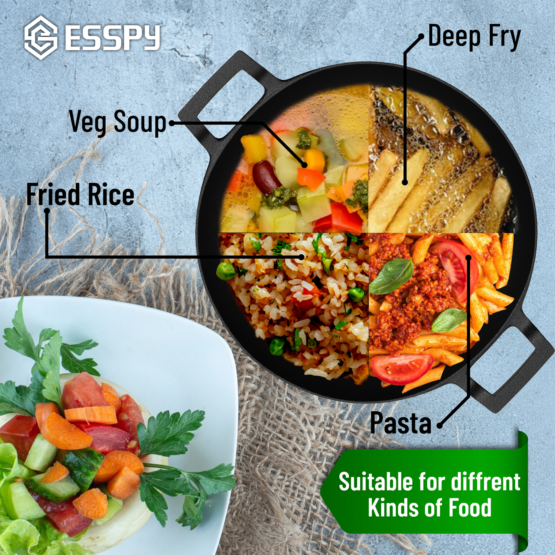Esspy Pre Seasoned Cast Iron Kadhai With Silicon Handle Cover & Glass Lid | Naturally Non Stick Kadai for Cooking | Gas & Induction Friendly | Woks | 100% Pure & Toxin-Free | No Chemical Coating | Fast & Even Heating