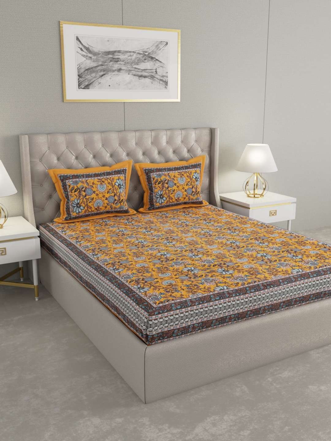 100% Pure Cotton Traditional Printed Bedsheet for Double Bed King Size Bedsheet with 2 Pillow Covers