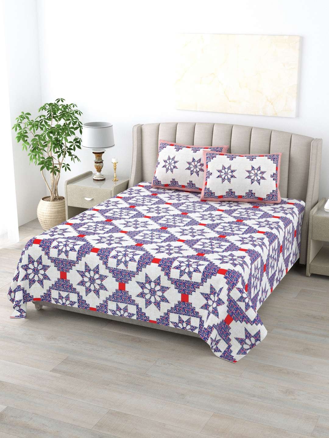 100% Pure Cotton Traditional Printed Bedsheet for Double Bed King Size Bedsheet with 2 Pillow Covers