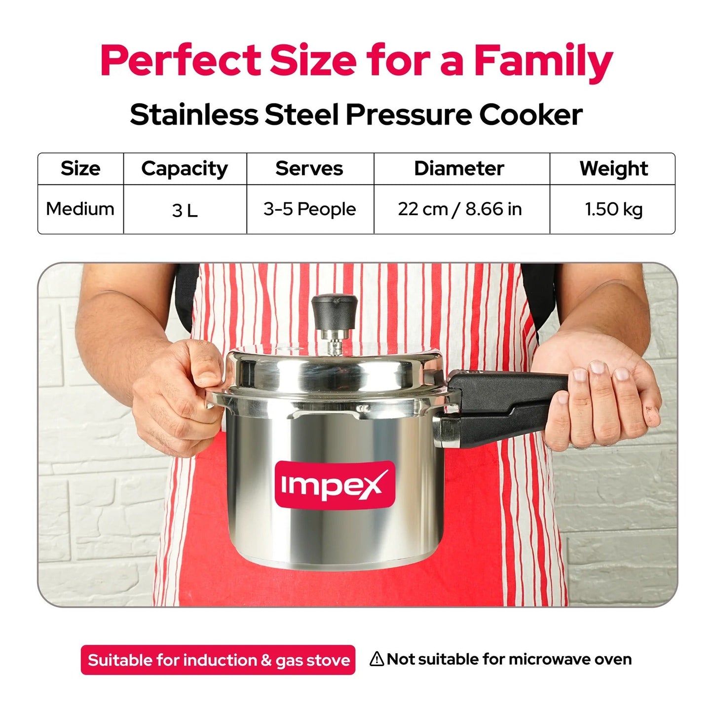 Impex EP3 3 Litre Stainless Steel Pressure Cooker Induction Base Sandwich Bottom Silver