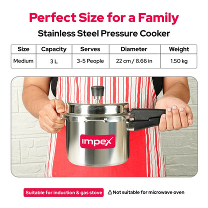 Impex EP3 3 Litre Stainless Steel Pressure Cooker Induction Base Sandwich Bottom Silver