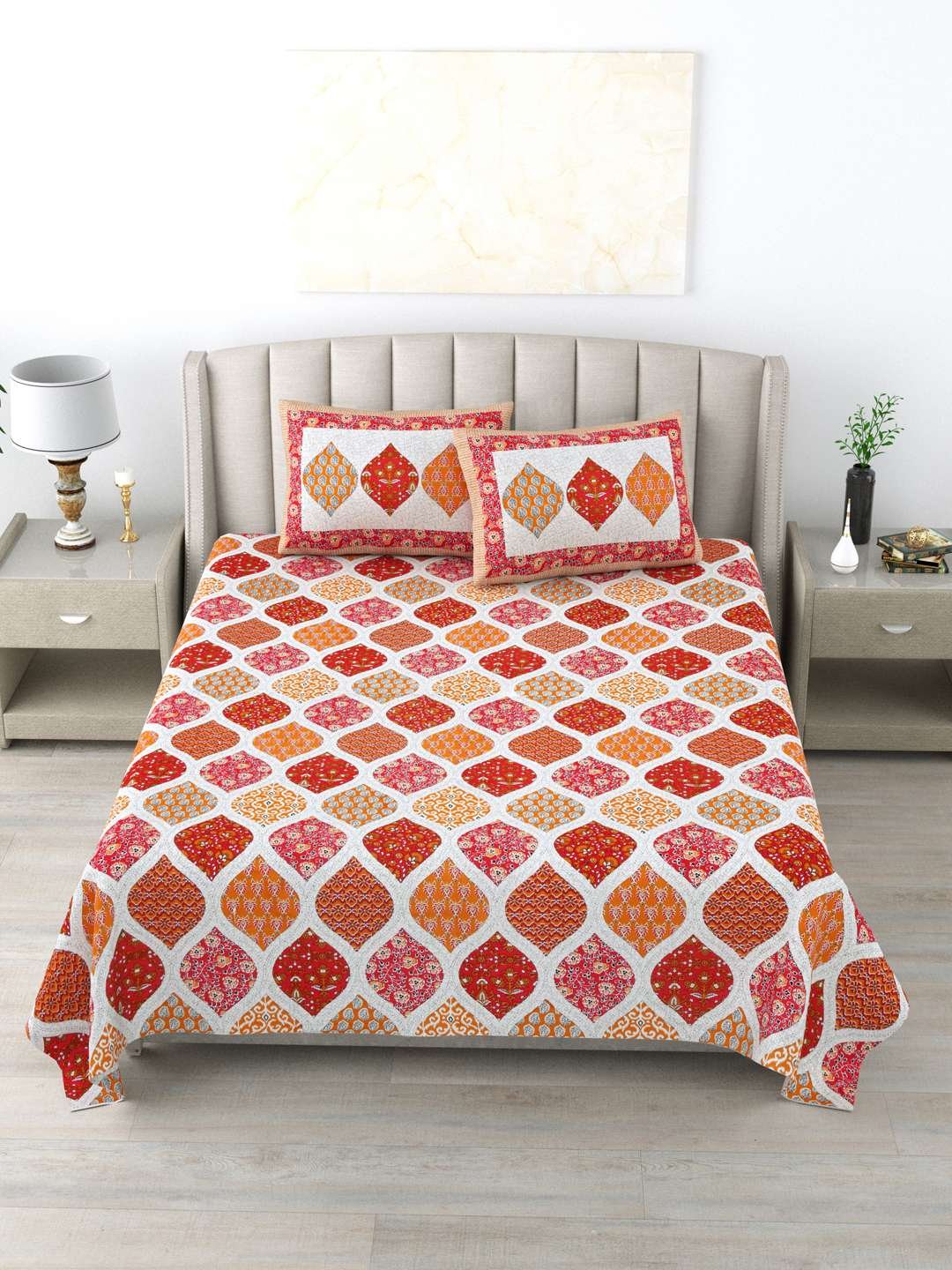 100% Pure Cotton Traditional Printed Bedsheet for Double Bed King Size Bedsheet with 2 Pillow Covers