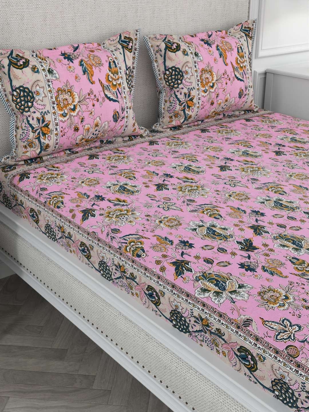 100% Pure Cotton Traditional Printed Bedsheet for Double Bed King Size Bedsheet with 2 Pillow Covers