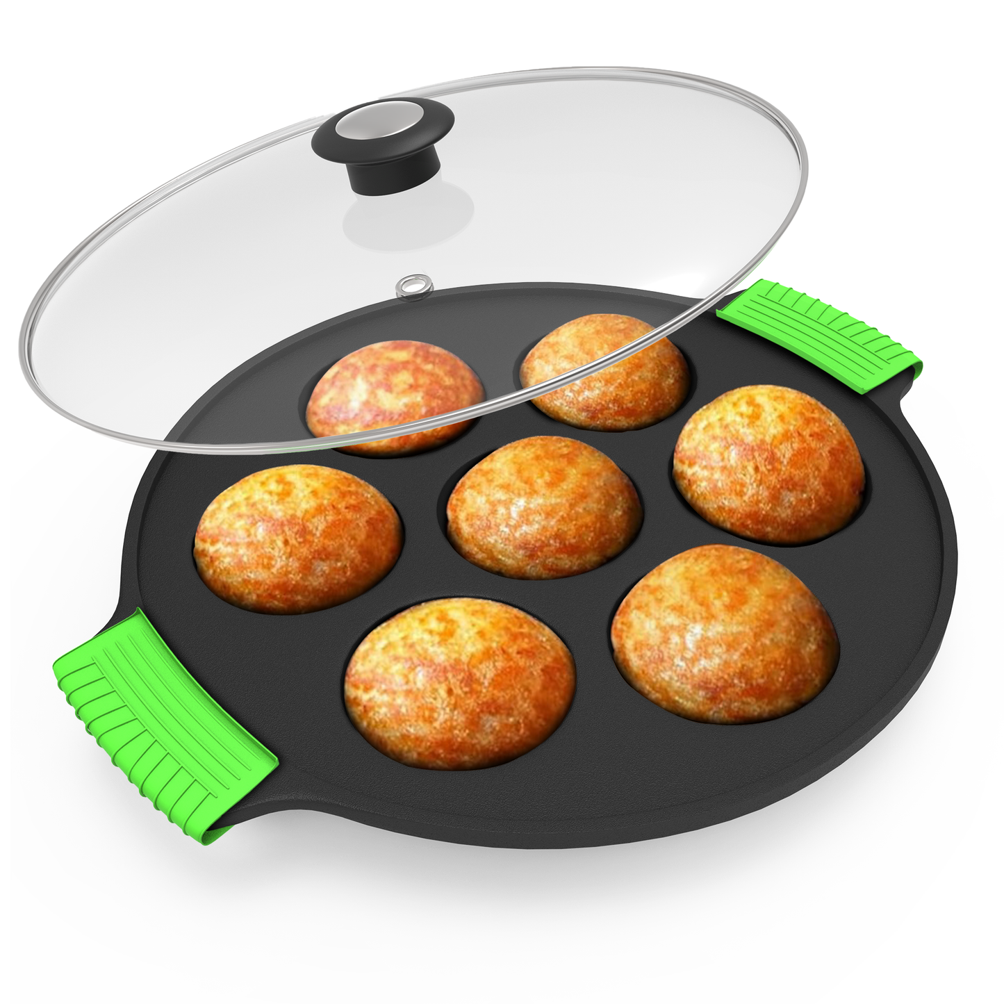 Esspy 7 Pit Pre-Seasoned Cast Iron Paniyaram Pan With Silicon Handle & Glass Lid| Non-stick | Induction Friendly | Appe/Paddu Pan | 100% Pure & Toxin-Free | Gunta Ponganalu/Paddu | Cast Iron Cookware