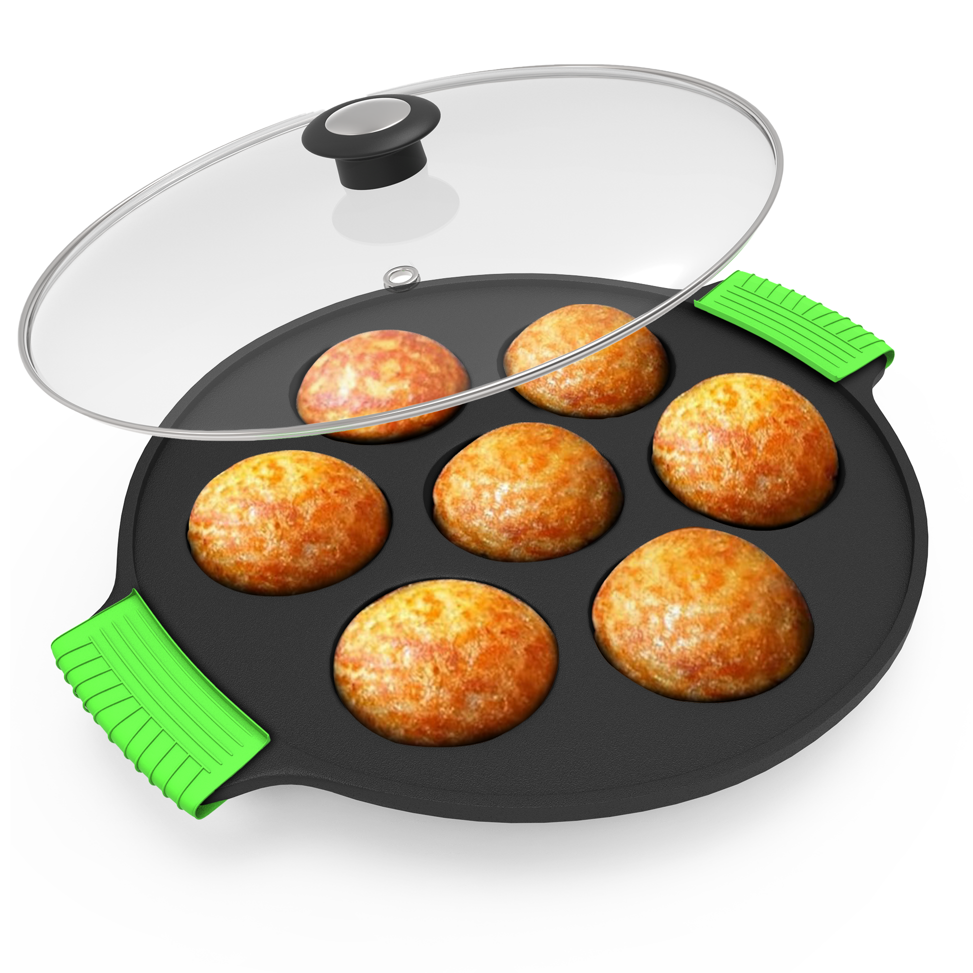 Esspy 7 Pit Pre-Seasoned Cast Iron Paniyaram Pan With Silicon Handle & Glass Lid| Non-stick | Induction Friendly | Appe/Paddu Pan | 100% Pure & Toxin-Free | Gunta Ponganalu/Paddu | Cast Iron Cookware
