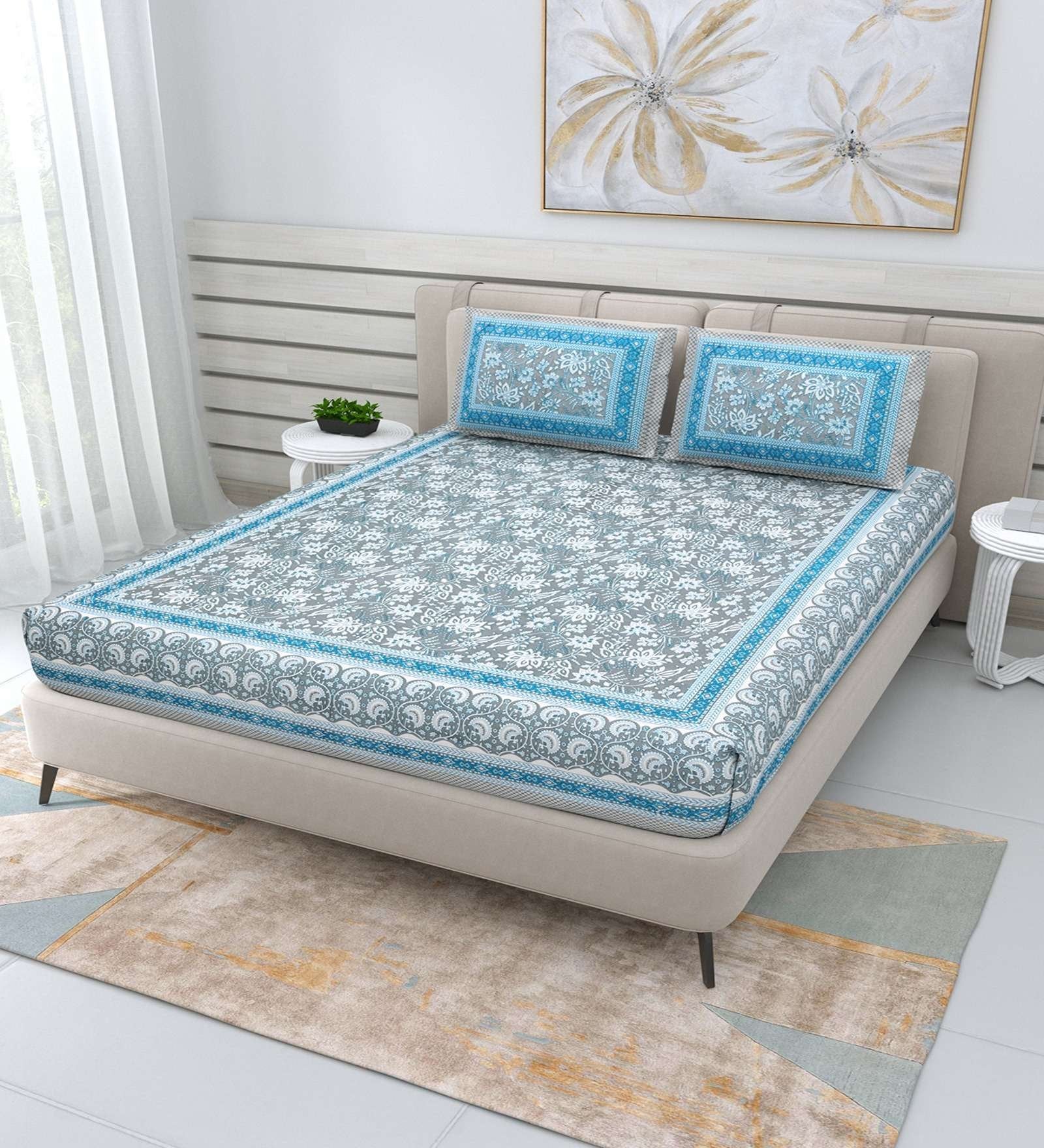 100% Pure Cotton Traditional Printed Bedsheet for Double Bed King Size Bedsheet with 2 Pillow Covers