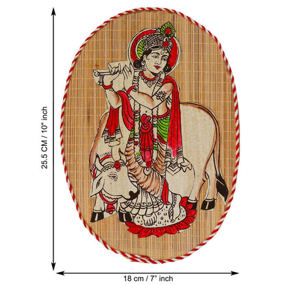 Oval Shaped Design Bamboo Hand Crafted Wall Hangings Of Krishna Ji With Holy Cow For Home D?cor | Bamboo Art For Wall Decor