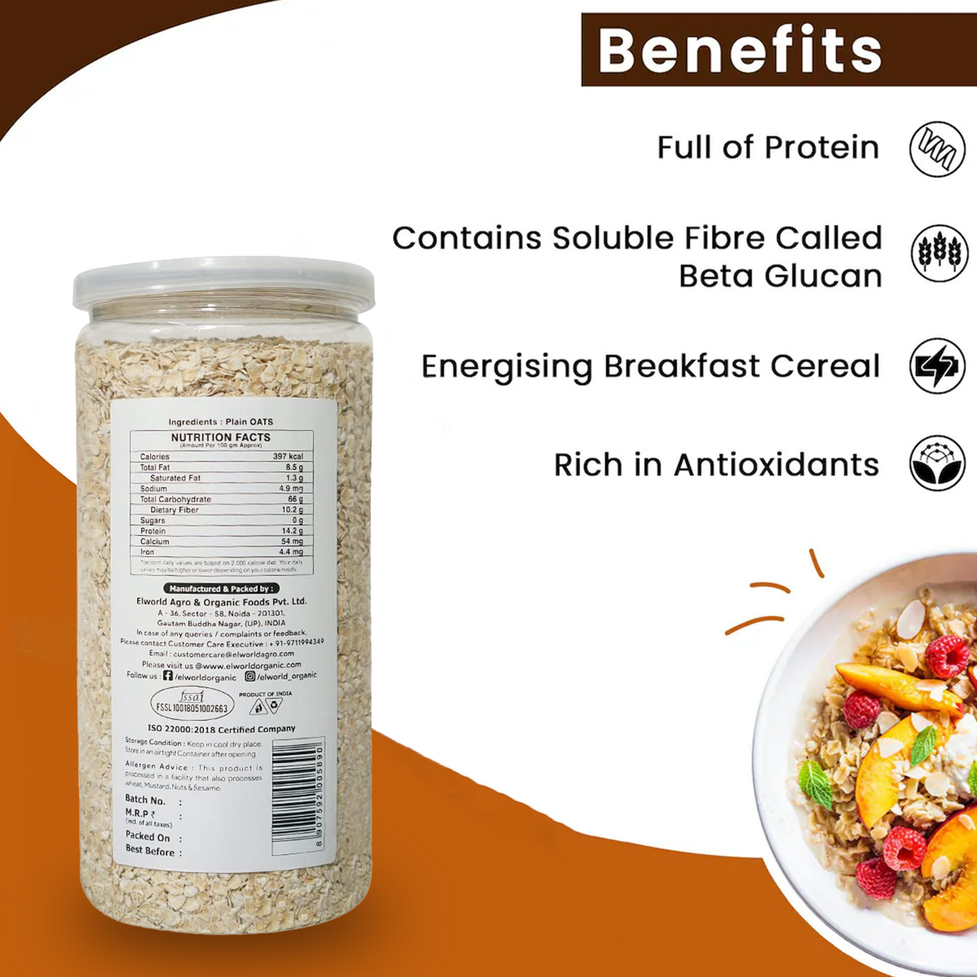Elworld Agro & Organic Food Products Plain Oats 500 g