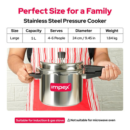 Impex EP5 5 Litre Stainless Steel Pressure Cooker Induction Base Sandwich Bottom Silver