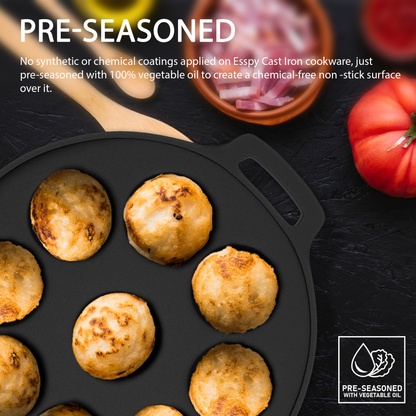 Esspy 9 Pit Pre-Seasoned Cast Iron Paniyaram Pan With Silicon Handle & Glass Lid| Non-stick | Induction Friendly | Appe/Paddu Pan | 100% Pure & Toxin-Free | Gunta Ponganalu/Paddu | Cast Iron Cookware