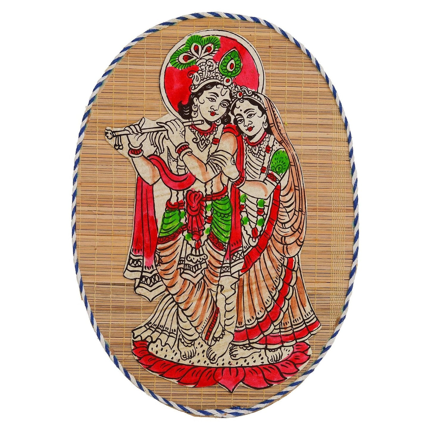 Oval Shaped Design Bamboo Hand Crafted Wall Hangings Of Krishna Ji With Radha Ji For Home D’cor | Bamboo Art For Wall Decor