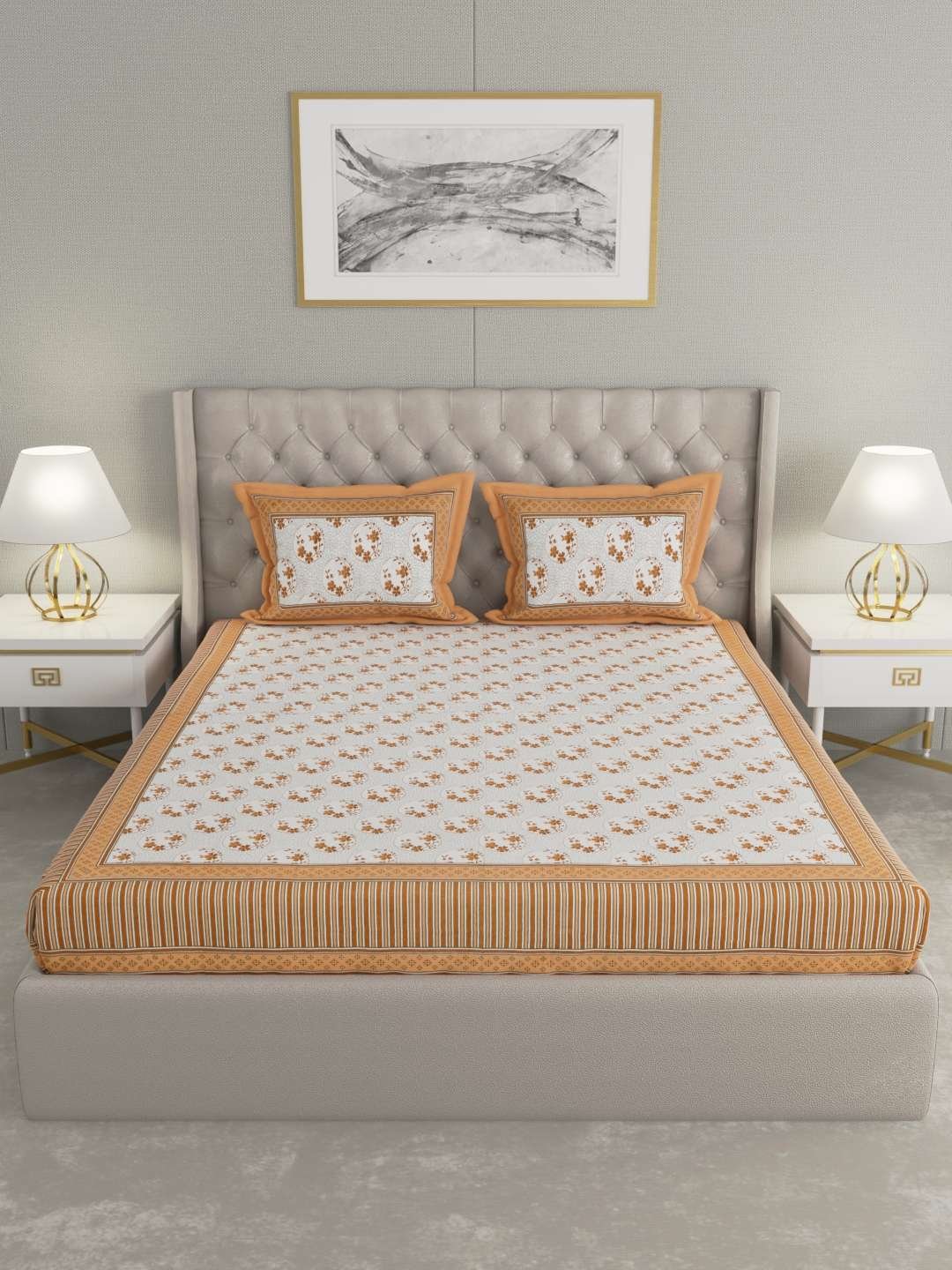 100% Pure Cotton Traditional Printed Bedsheet for Double Bed King Size Bedsheet with 2 Pillow Covers
