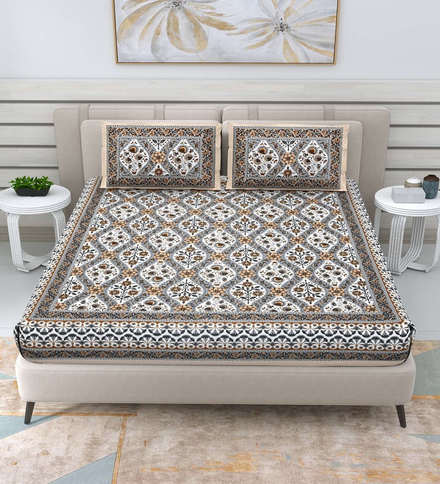 100% Pure Cotton Traditional Printed Bedsheet for Double Bed King Size Bedsheet with 2 Pillow Covers
