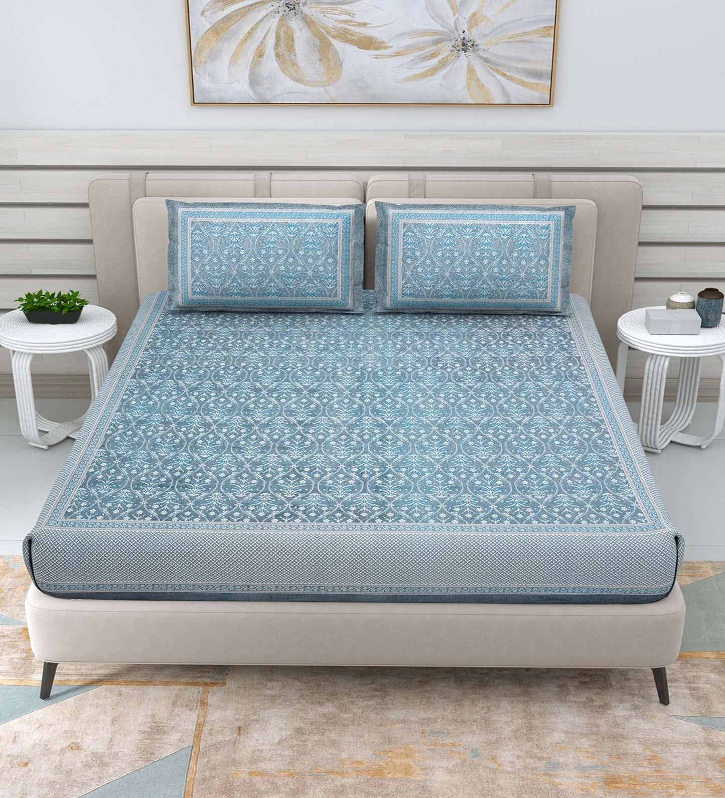 100% Pure Cotton Traditional Printed Bedsheet for Double Bed King Size Bedsheet with 2 Pillow Covers