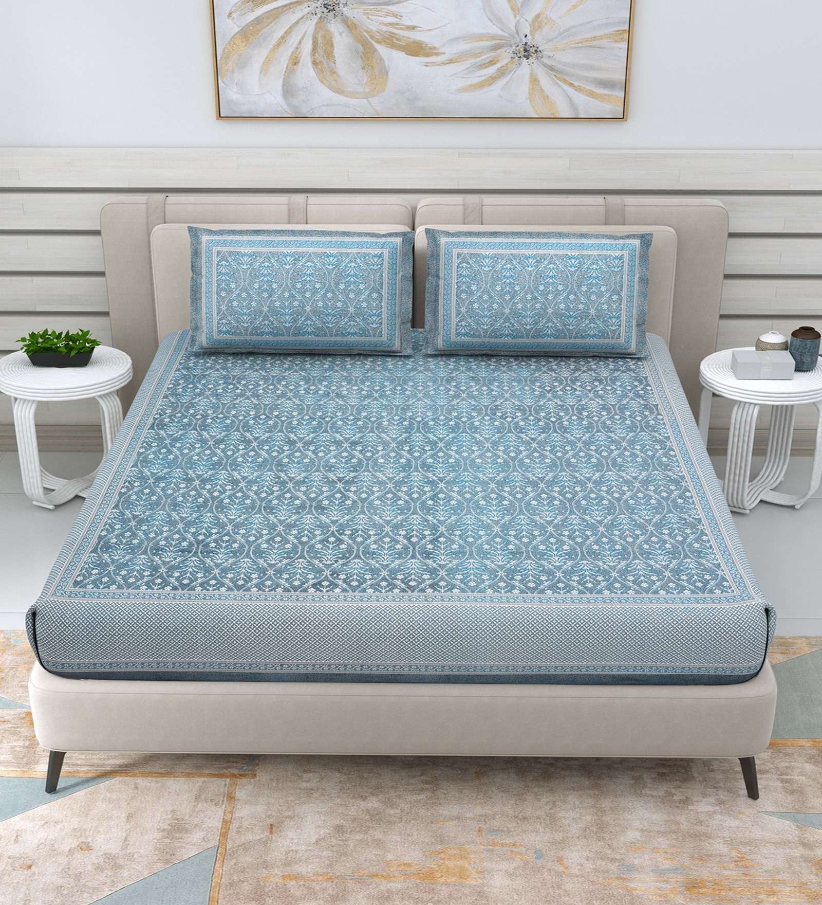 100% Pure Cotton Traditional Printed Bedsheet for Double Bed King Size Bedsheet with 2 Pillow Covers