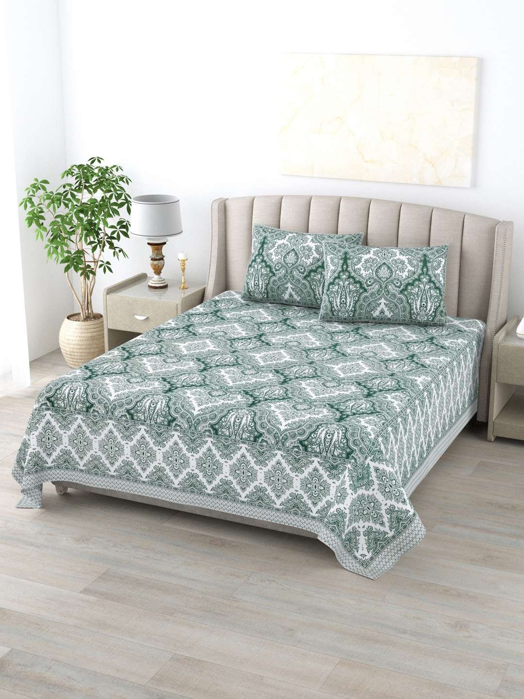 100% Pure Cotton Traditional Printed Bedsheet for Double Bed King Size Bedsheet with 2 Pillow Covers