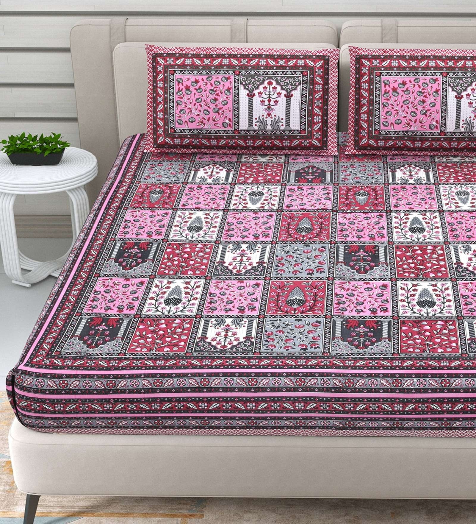 100% Pure Cotton Traditional Printed Bedsheet for Double Bed King Size Bedsheet with 2 Pillow Covers