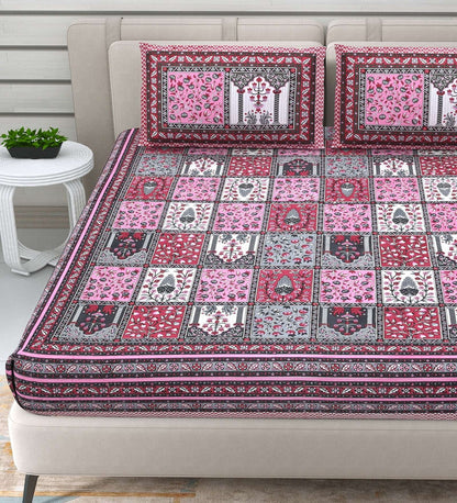 100% Pure Cotton Traditional Printed Bedsheet for Double Bed King Size Bedsheet with 2 Pillow Covers