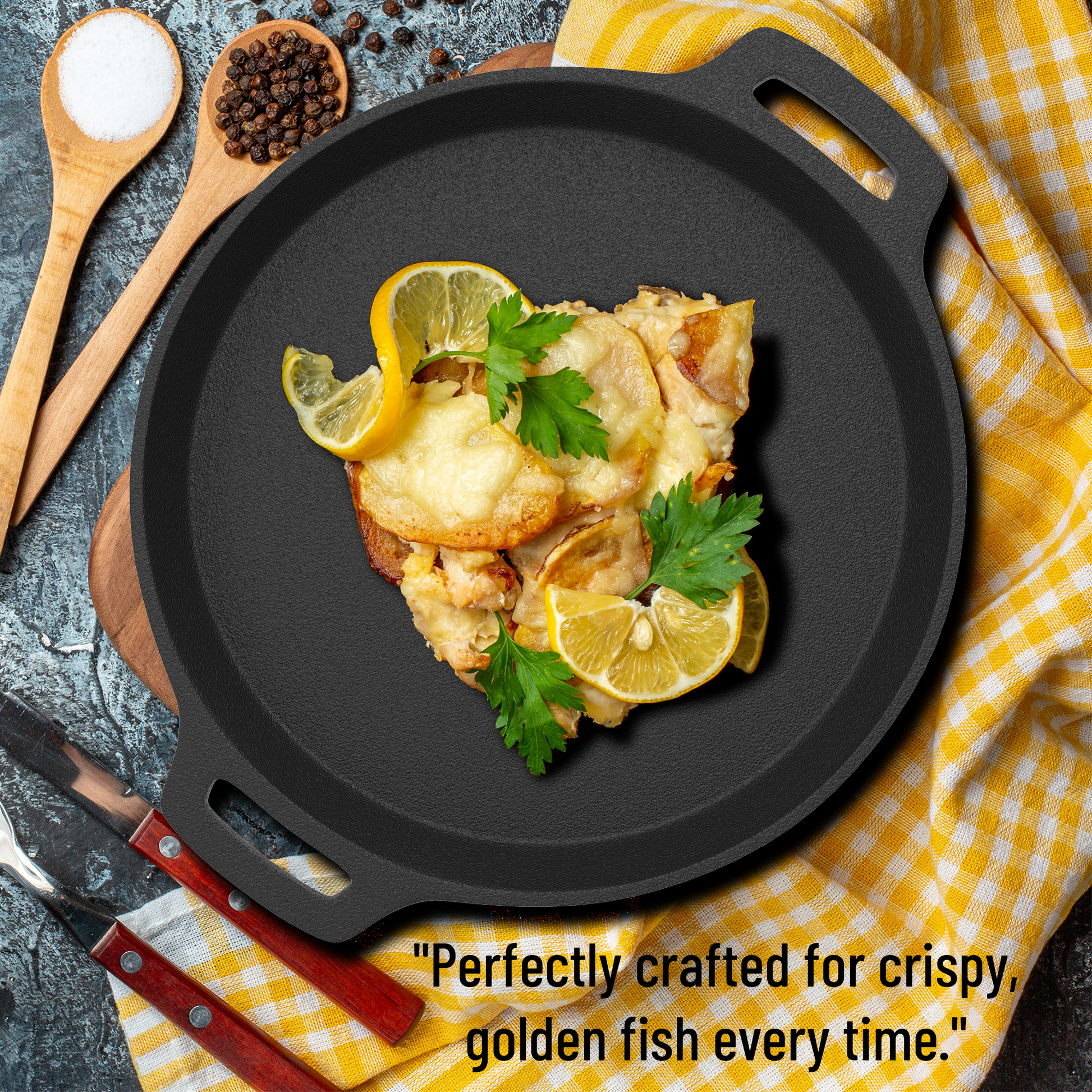 Esspy Pre-Seasoned Cast Iron Fish Fry Pan with Double Handle| Induction Friendly | Nonstick Fish Fry Pan, 100% Pure & Toxin Free, No Chemical Coating, Black