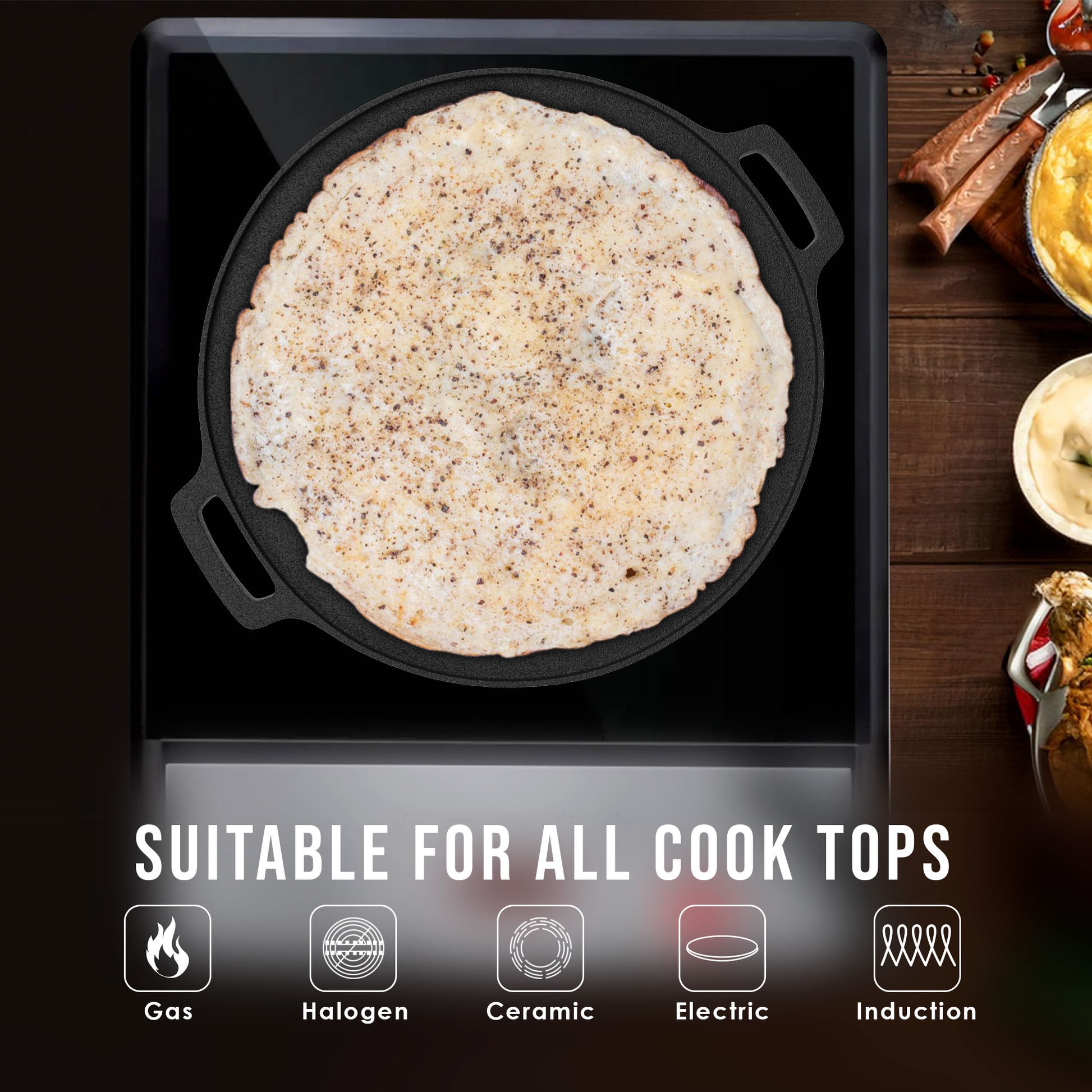 Esspy 12inch/30cm Pre-Seasoned Cast Iron Tawa for Roti and Dosa | Dosa Tawa with Silicon Handle | Dosa Pan | Iron Tawa Big Size | Non-Stick | Gas and Induction Compatible