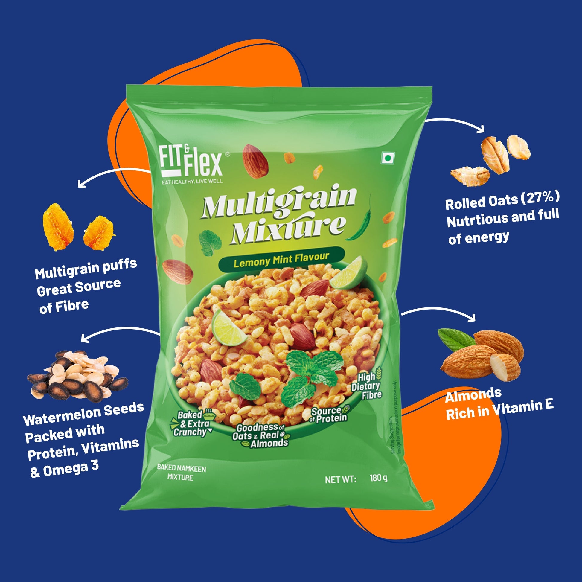 Lemony Mint Multigrain Mixture (Pack of 2 - 180G x 2) High Fibre, Loaded with Nuts & Seeds