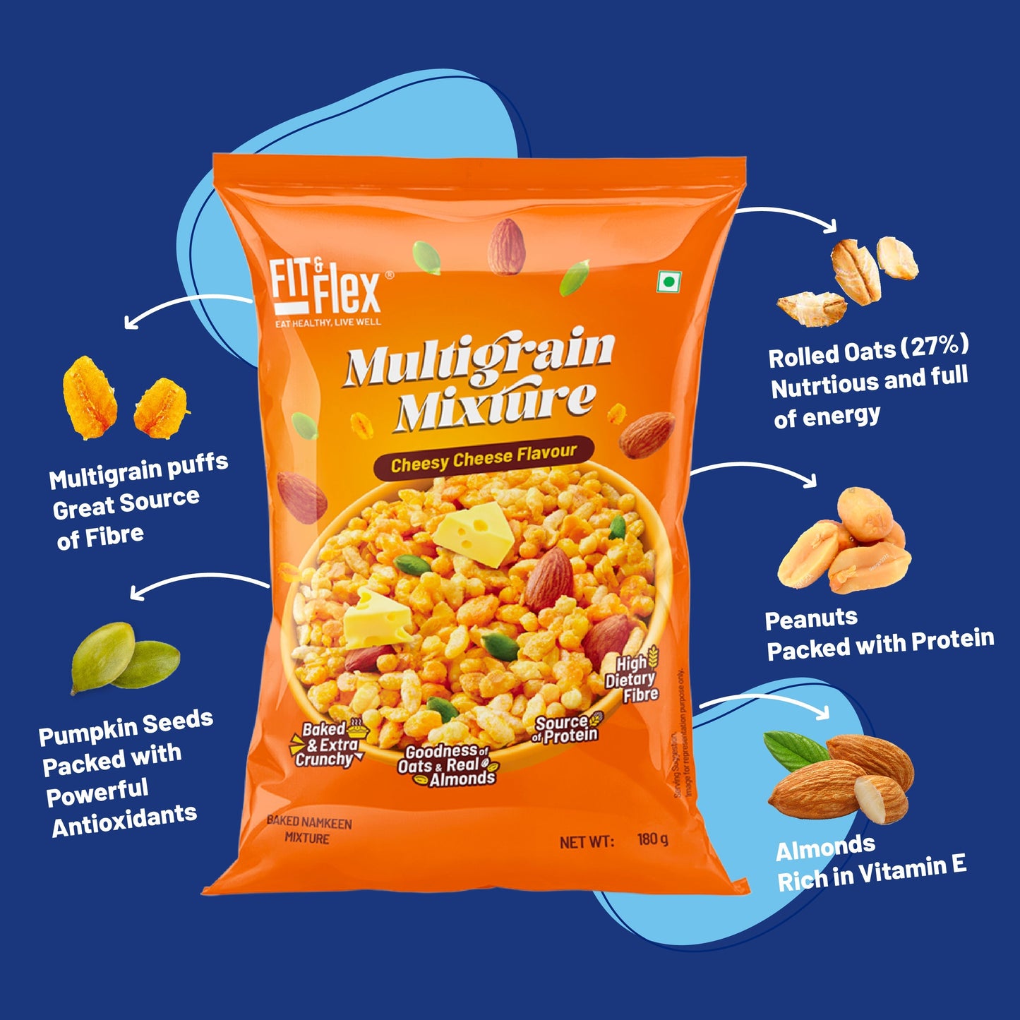 Cheesy Cheese Multigrain Mixture (Pack of 2 - 180G x 2) High Fibre, Loaded with Nuts & Seeds