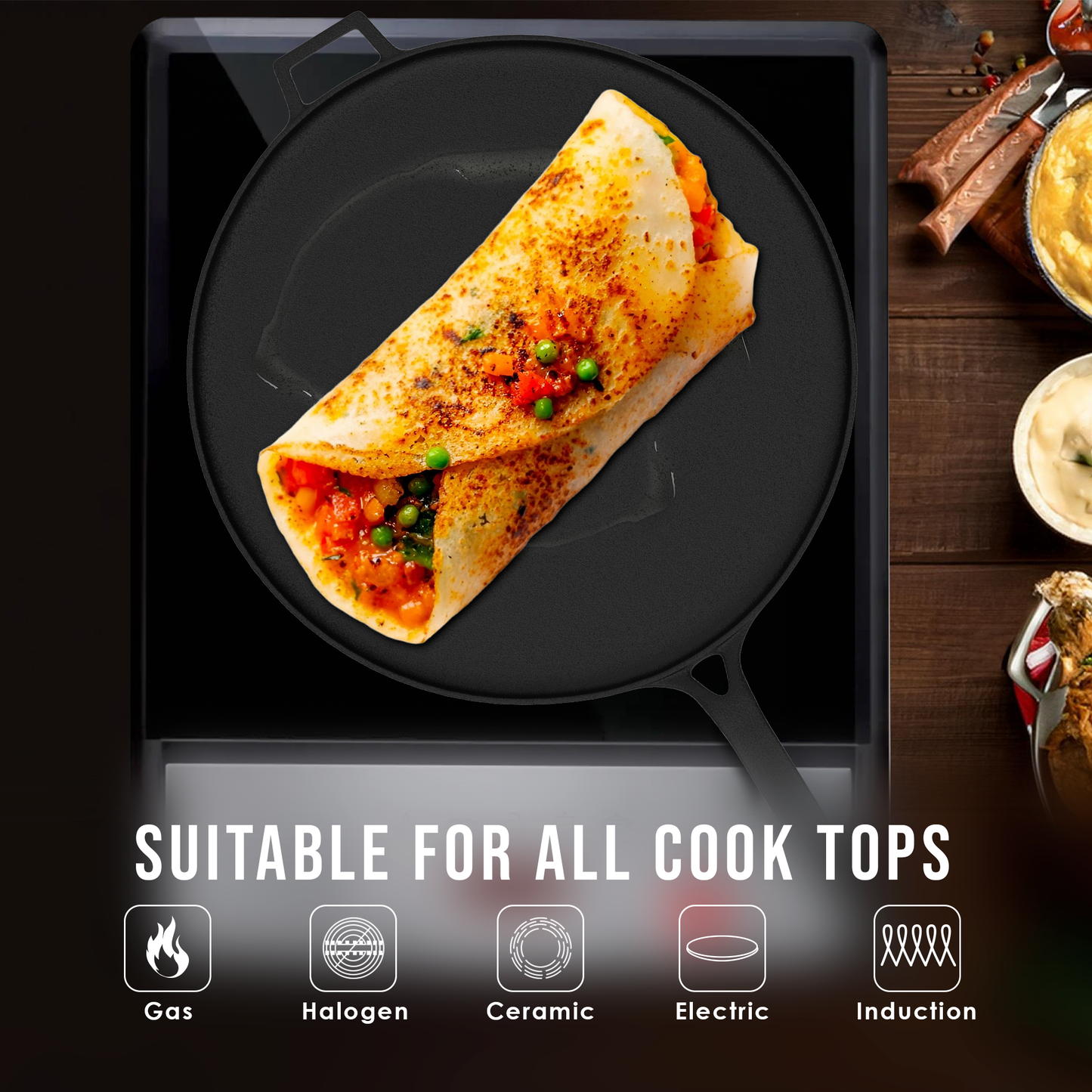 Esspy 28cm/11inch Pre-Seasoned Cast Iron Dosa Tawa | Roti/Chapati Tawa | Iron Tawa Big Size | Cast Iron Cookware | Gas and Induction Compatible | Toxin Free