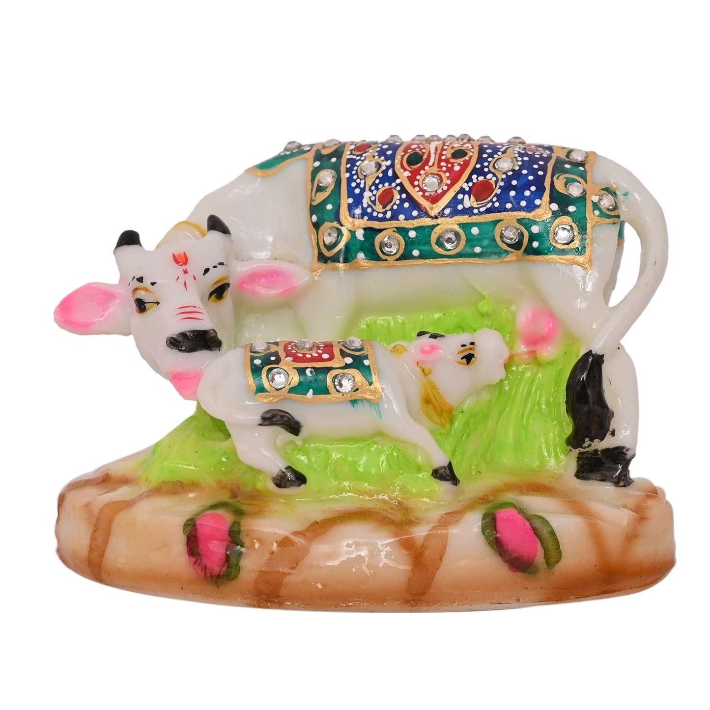 White Marble Kamdhenu Cow and Calf Statue (8.5 cm x 12 cm)