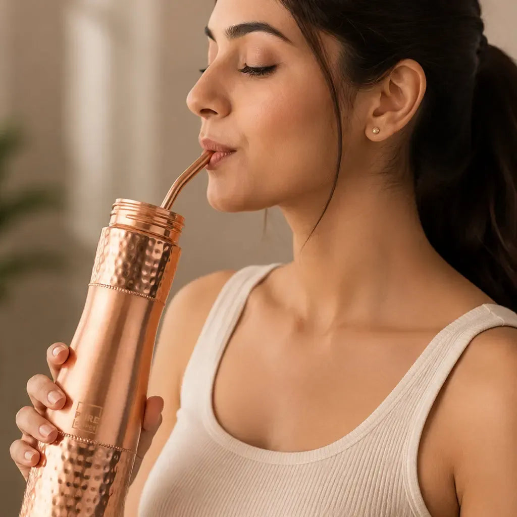 Artarium Hammered Copper Bottle with Copper Cap and Straw Set