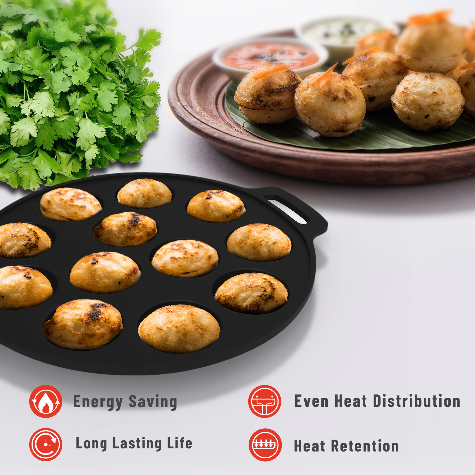 Esspy 12 Pit Pre-Seasoned Cast Iron Paniyaram Pan With Silicon Handle & Glass Lid| Non-stick | Induction Friendly | Appe/Paddu Pan | 100% Pure & Toxin-Free | Gunta Ponganalu/Paddu | Cast Iron Cookware