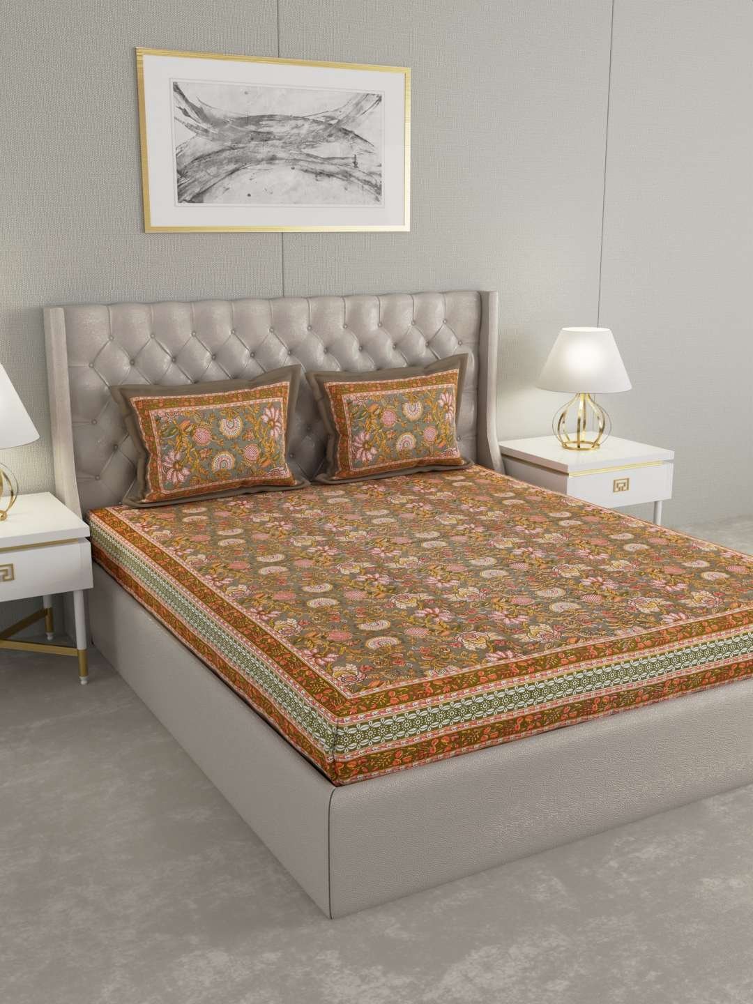 100% Pure Cotton Traditional Printed Bedsheet for Double Bed King Size Bedsheet with 2 Pillow Covers