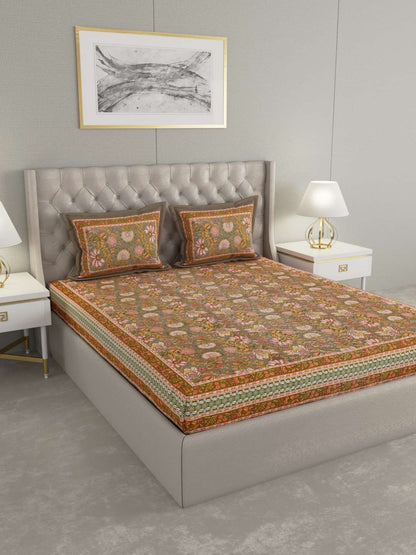 100% Pure Cotton Traditional Printed Bedsheet for Double Bed King Size Bedsheet with 2 Pillow Covers