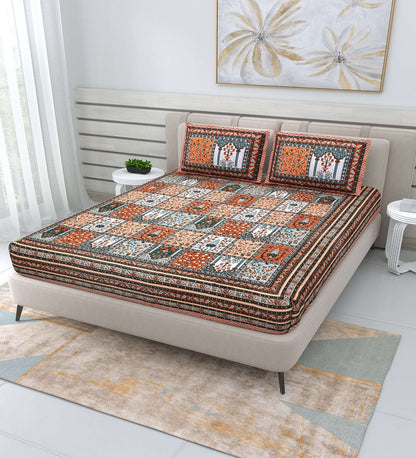 100% Pure Cotton Traditional Printed Bedsheet for Double Bed King Size Bedsheet with 2 Pillow Covers