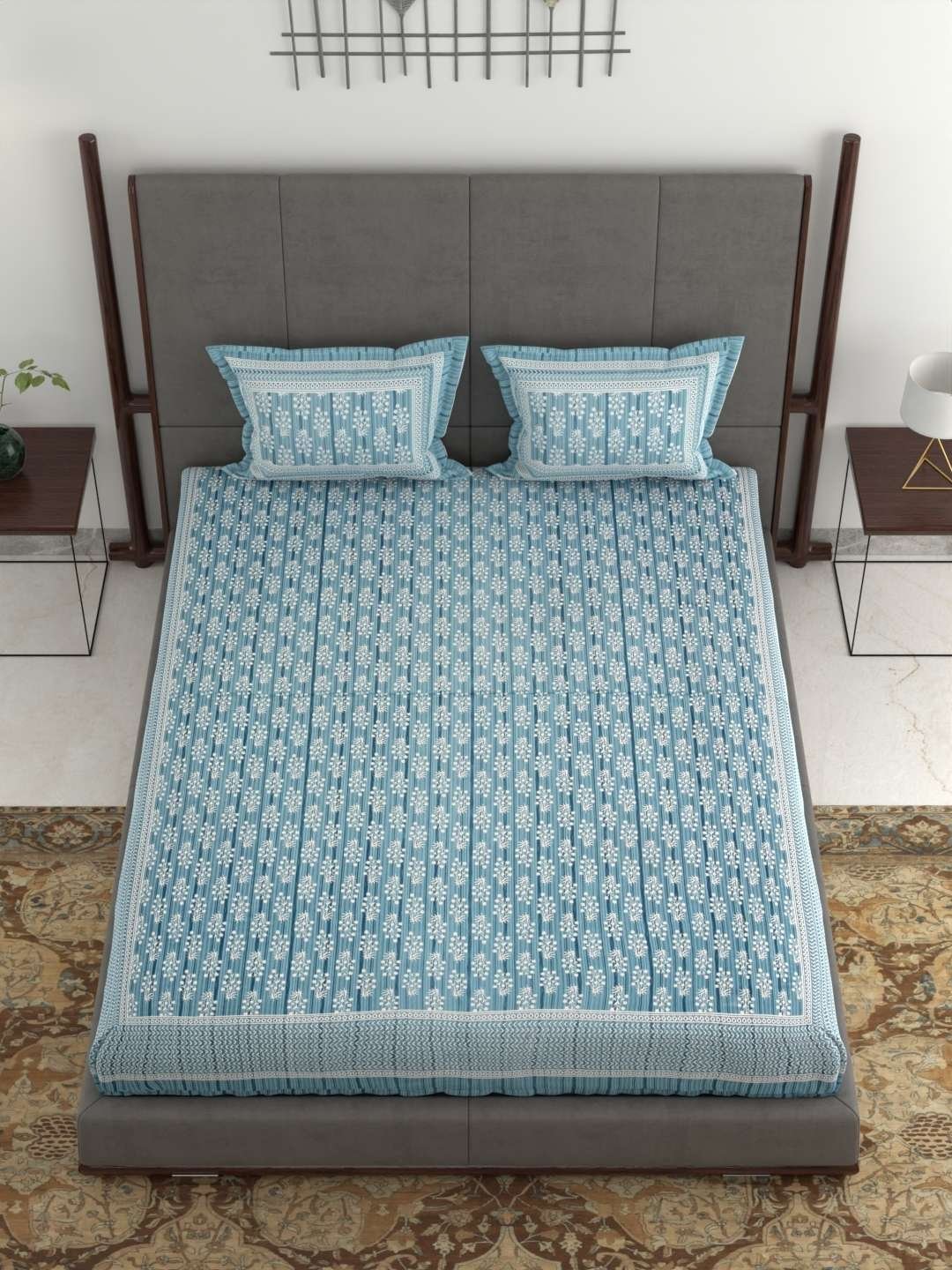 100% Pure Cotton Traditional Printed Bedsheet for Double Bed King Size Bedsheet with 2 Pillow Covers