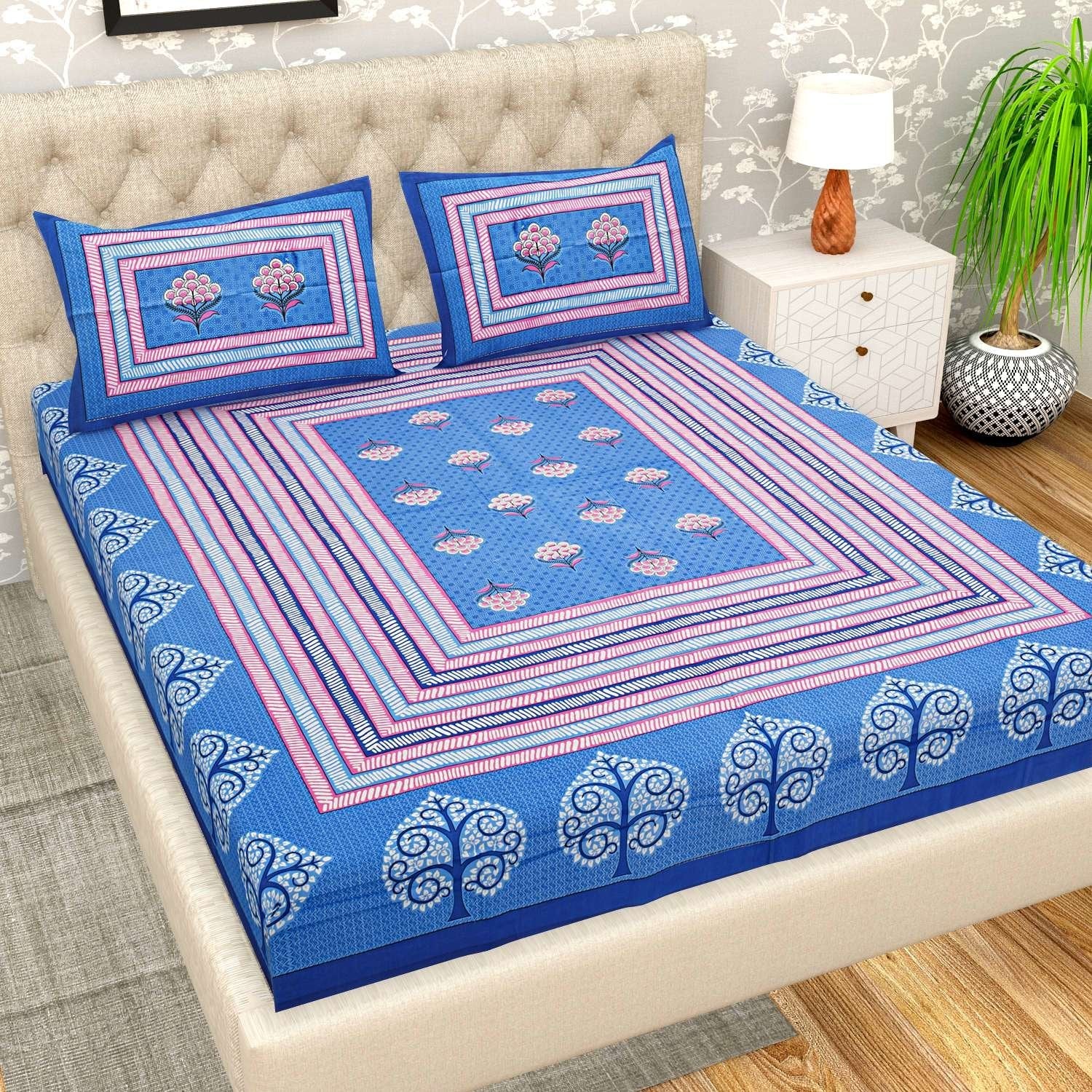 100% Pure Cotton Traditional Printed Bedsheet for Double Bed King Size Bedsheet with 2 Pillow Covers