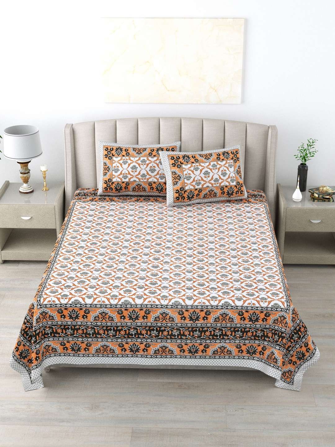 100% Pure Cotton Traditional Printed Bedsheet for Double Bed King Size Bedsheet with 2 Pillow Covers