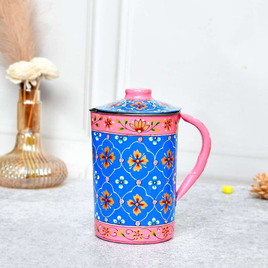 Aluminium Jug Hand-Painted Floral Enamel Jug Blue & Pink - 21 cm