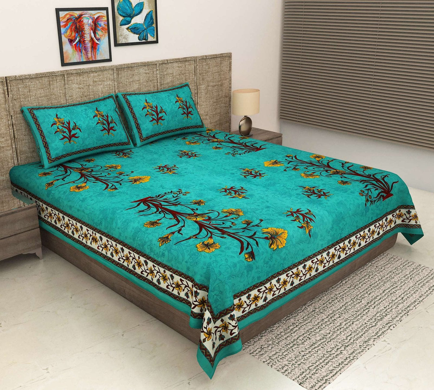 100% Pure Cotton Traditional Printed Bedsheet for Double Bed King Size Bedsheet with 2 Pillow Covers