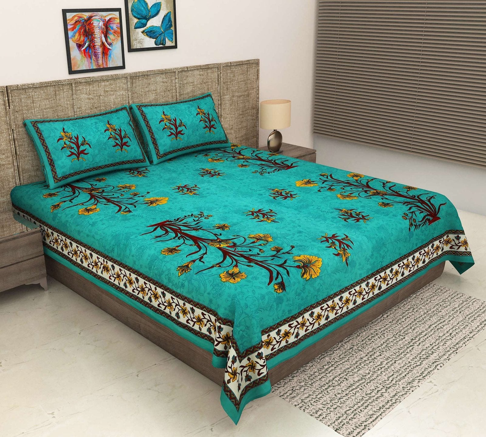 100% Pure Cotton Traditional Printed Bedsheet for Double Bed King Size Bedsheet with 2 Pillow Covers