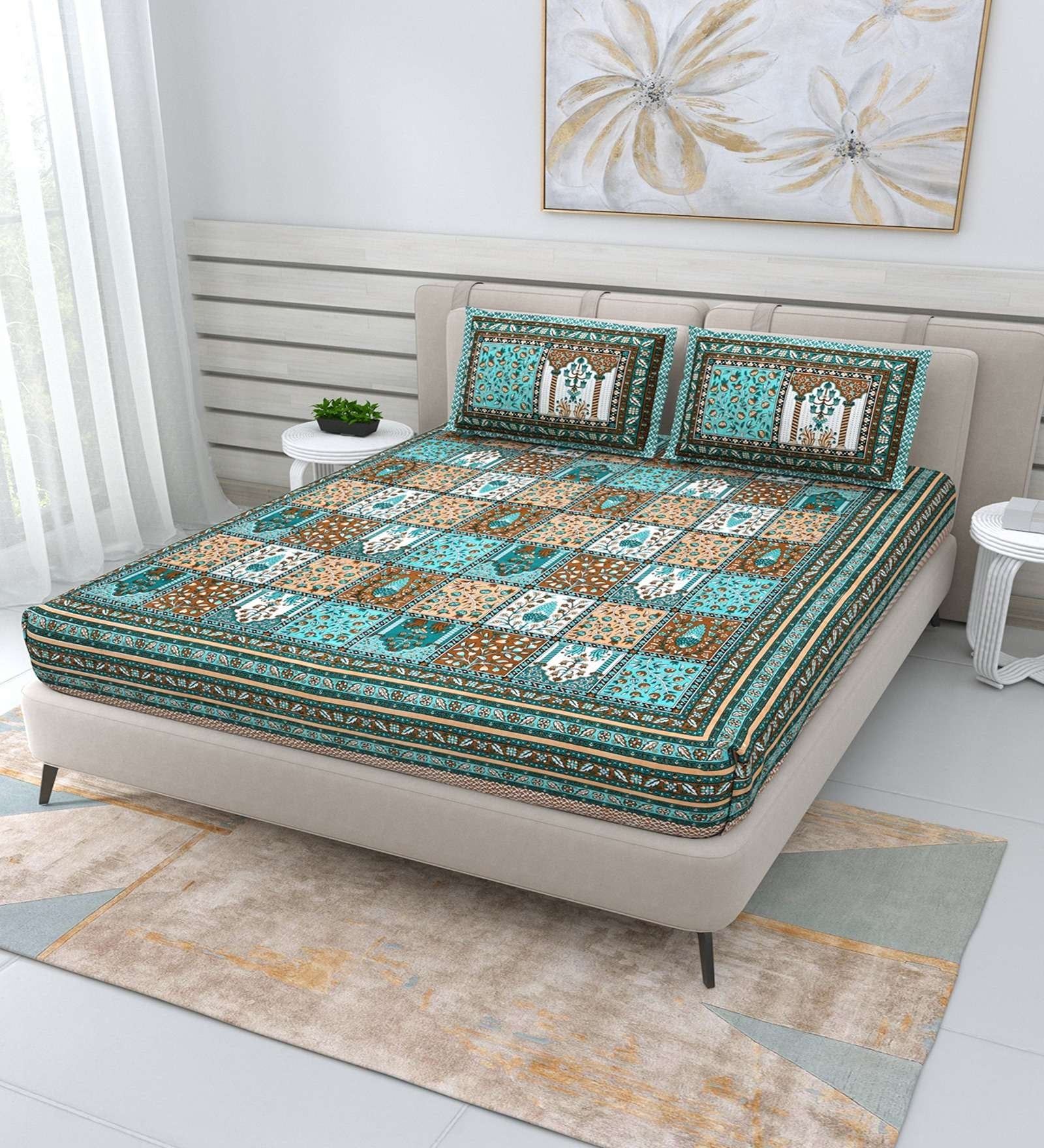 100% Pure Cotton Traditional Printed Bedsheet for Double Bed King Size Bedsheet with 2 Pillow Covers