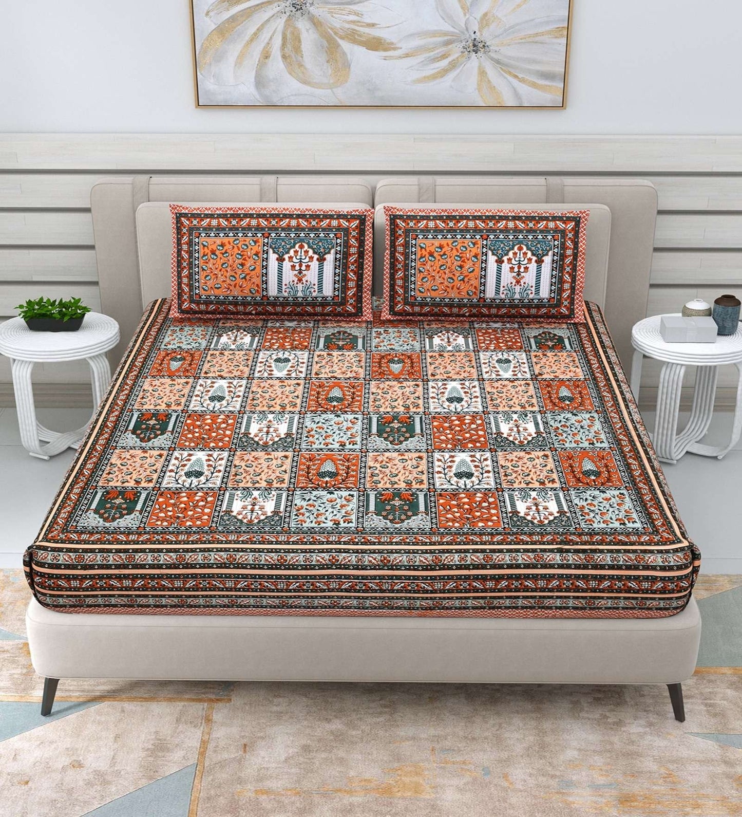 100% Pure Cotton Traditional Printed Bedsheet for Double Bed King Size Bedsheet with 2 Pillow Covers