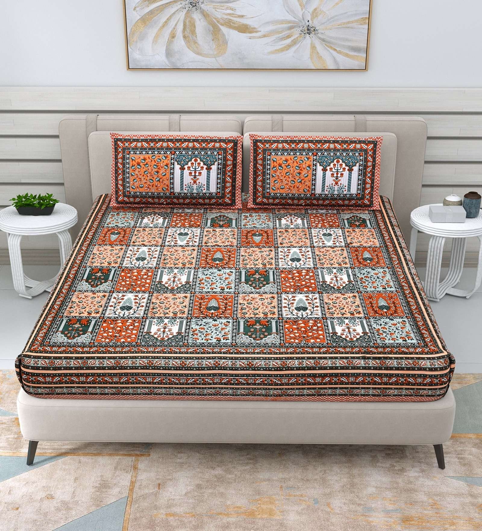 100% Pure Cotton Traditional Printed Bedsheet for Double Bed King Size Bedsheet with 2 Pillow Covers