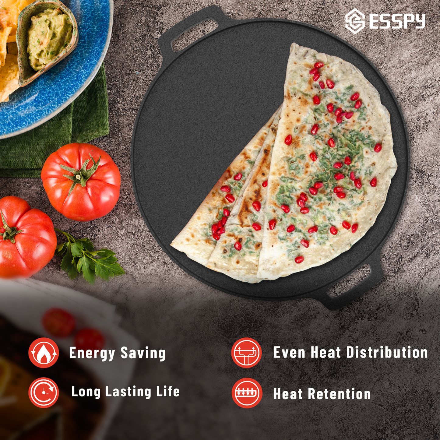 Esspy 12inch/30cm Pre-Seasoned Cast Iron Tawa for Roti and Dosa | Dosa Tawa with Silicon Handle | Dosa Pan | Iron Tawa Big Size | Non-Stick | Gas and Induction Compatible