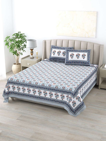 100% Pure Cotton Traditional Printed Bedsheet for Double Bed King Size Bedsheet with 2 Pillow Covers
