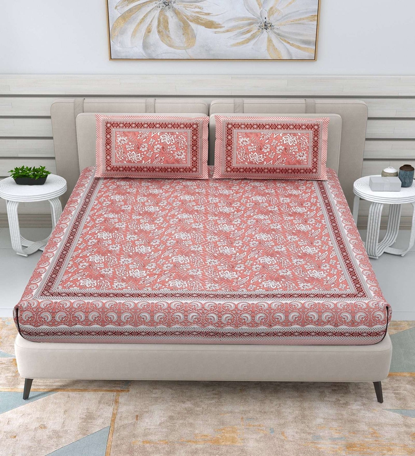 100% Pure Cotton Traditional Printed Bedsheet for Double Bed King Size Bedsheet with 2 Pillow Covers