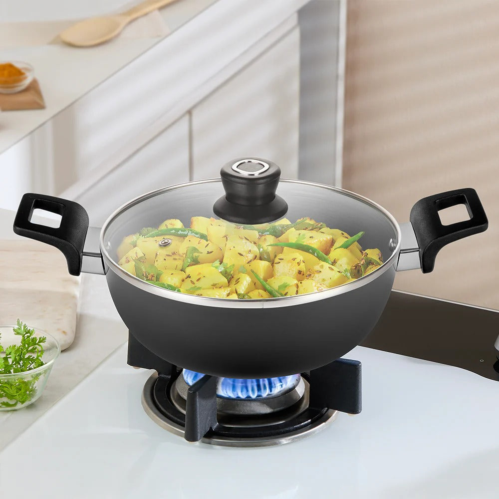 Borosil Hard Anodized 22cm 2L Deep Kadhai with Glass Lid