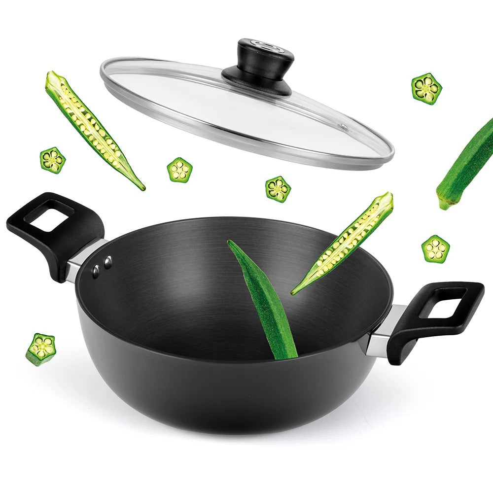 Borosil Hard Anodized 22cm 2L Deep Kadhai with Glass Lid